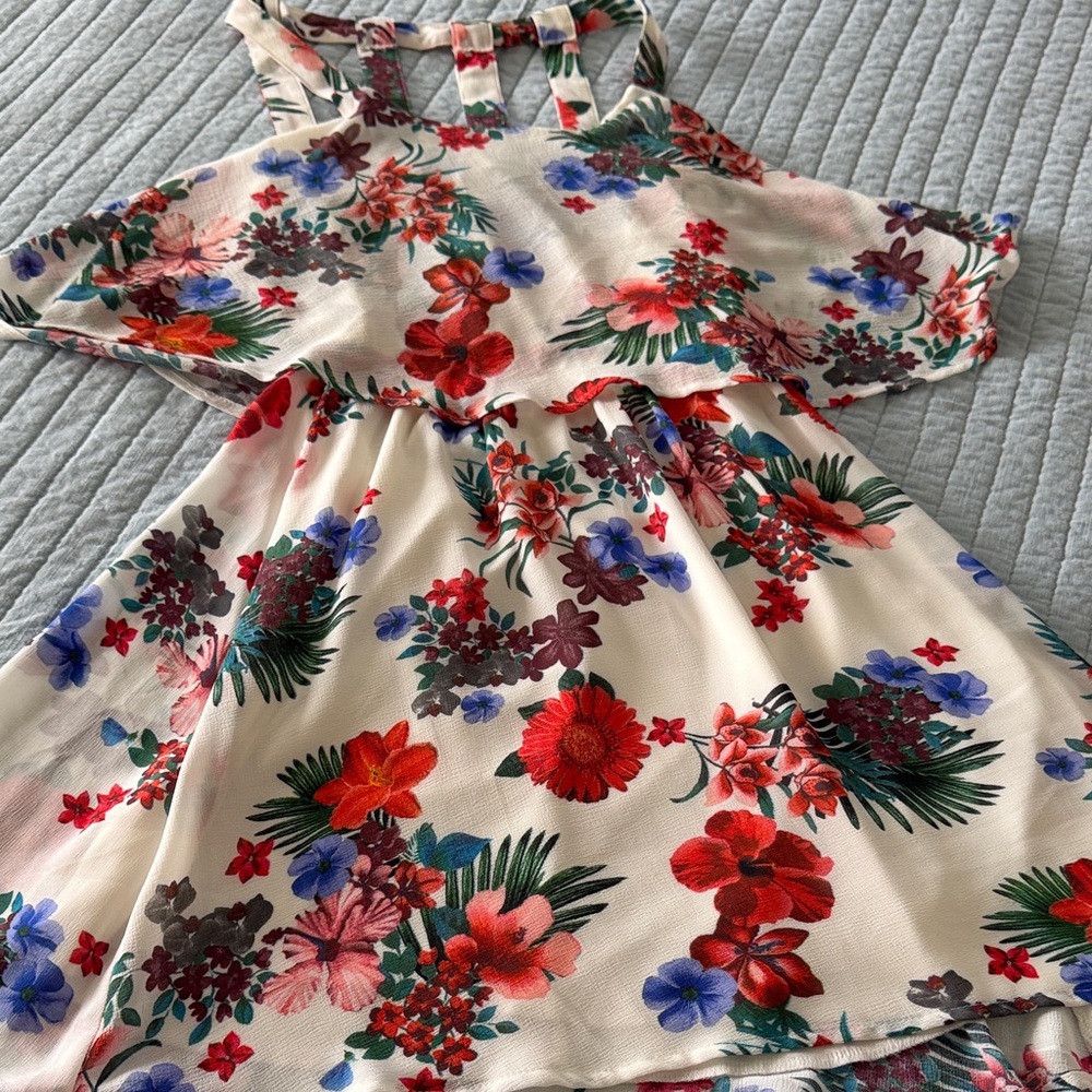 Guess Cream Midi Dress with Red, Blue & Green Floral Print